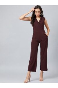 Athena Women Burgundy Solid Basic Jumpsuit